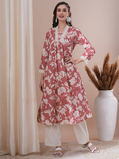 Abstract Floral Printed A-Line Paneled Kurta with Palazzo -Coral Red