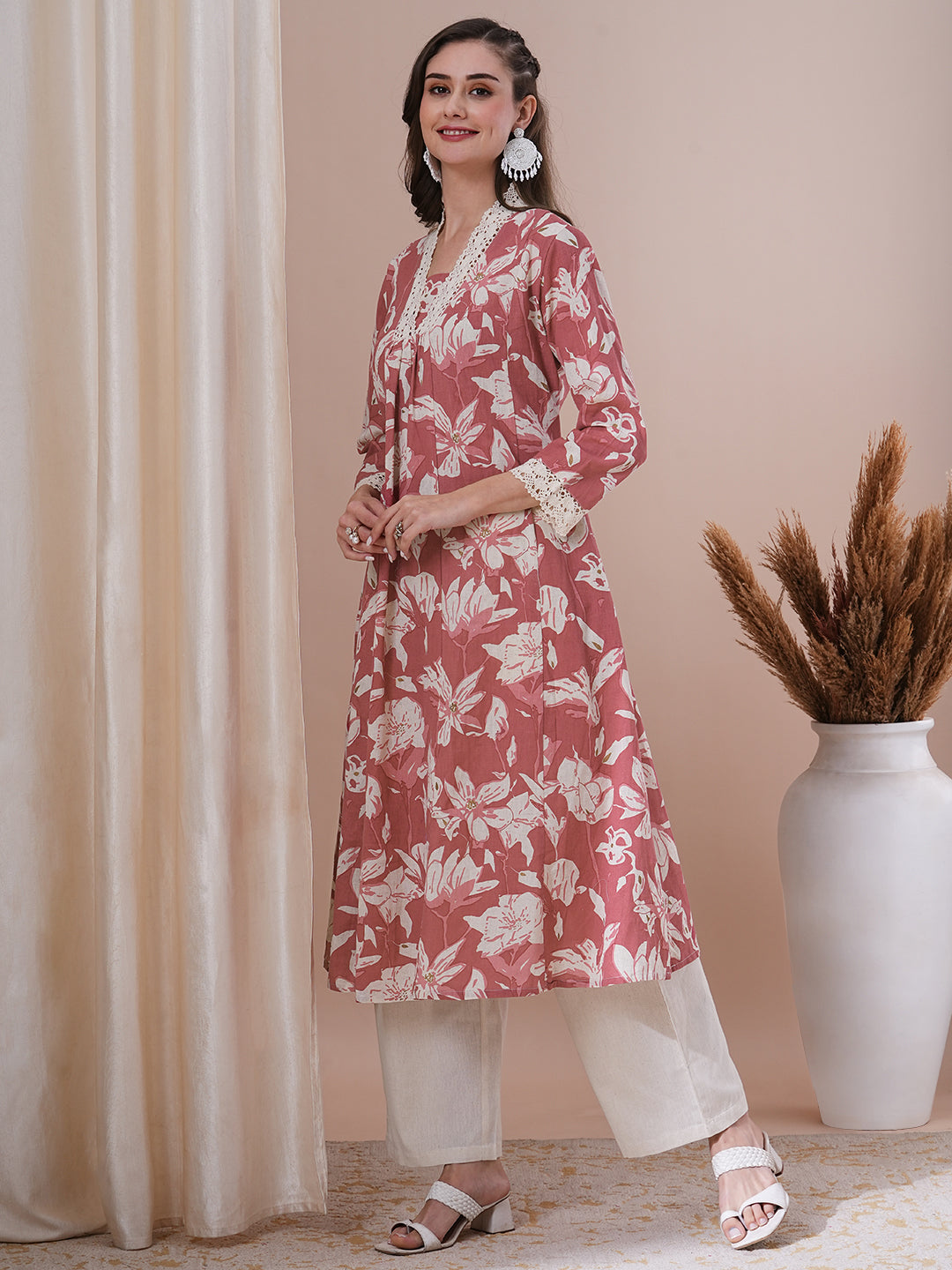 Abstract Floral Printed A-Line Paneled Kurta with Palazzo -Coral Red