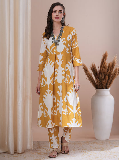 Ethnic Ikat Printed A-Line Co-ord Set - Mustard