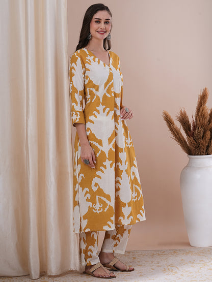 Ethnic Ikat Printed A-Line Co-ord Set - Mustard