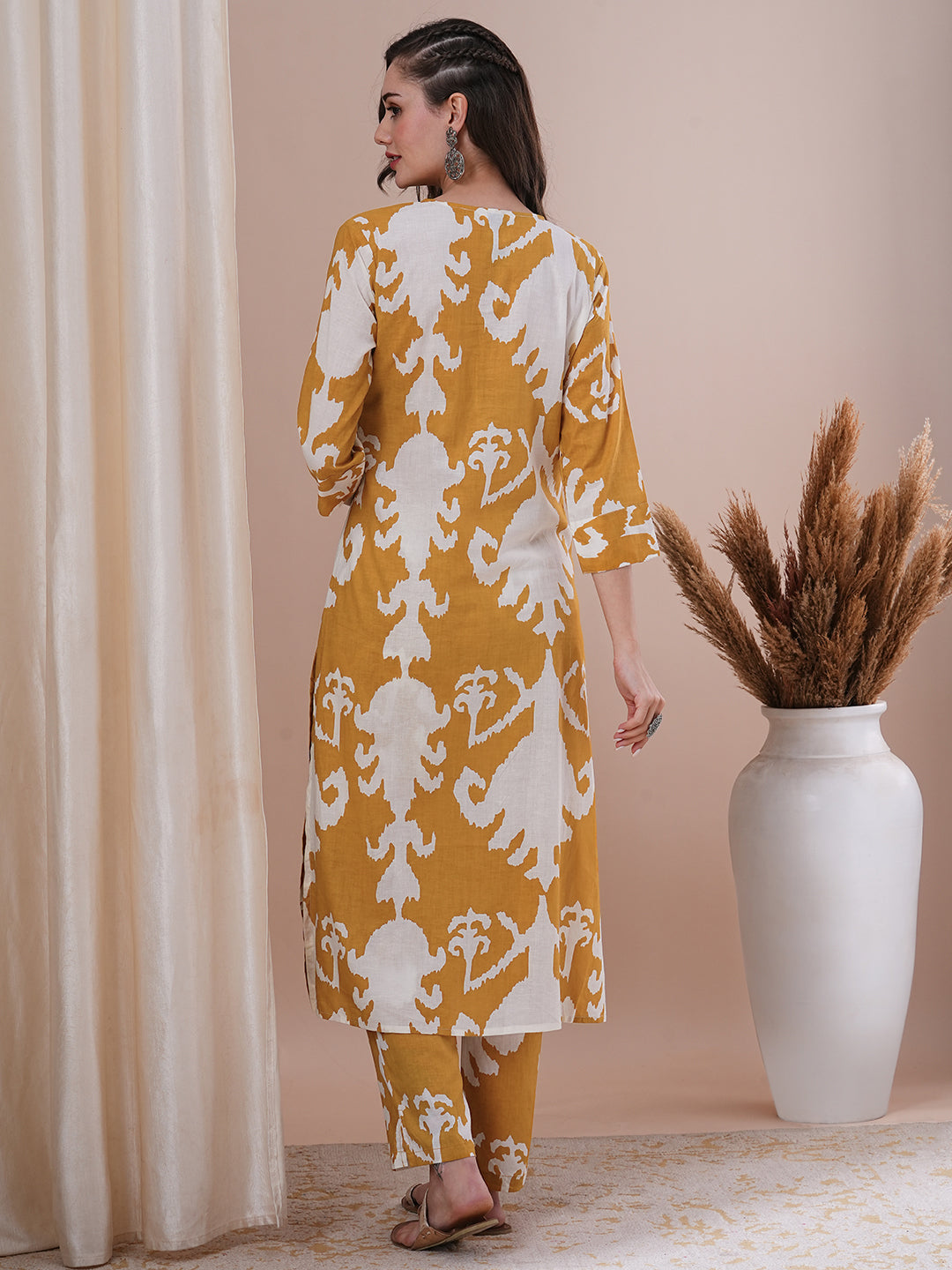 Ethnic Ikat Printed A-Line Co-ord Set - Mustard