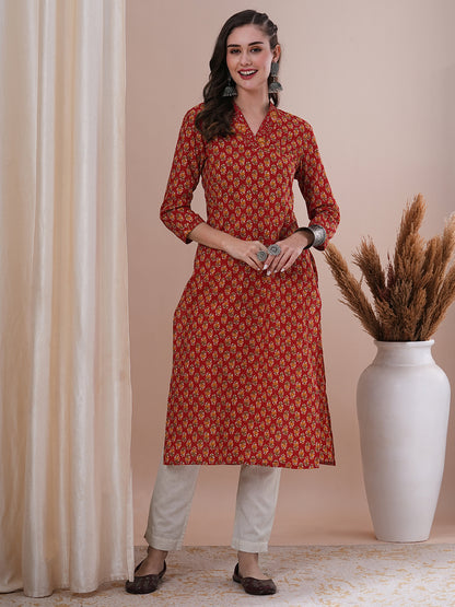 Ethnic Floral Printed & Sequin Embroidered Straight Fit Kurta - Red