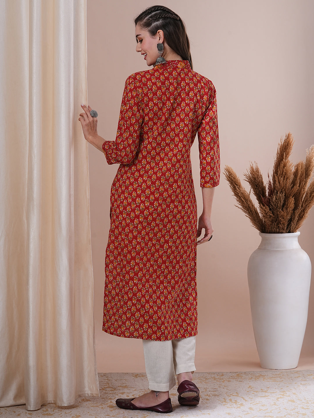 Ethnic Floral Printed & Sequin Embroidered Straight Fit Kurta - Red