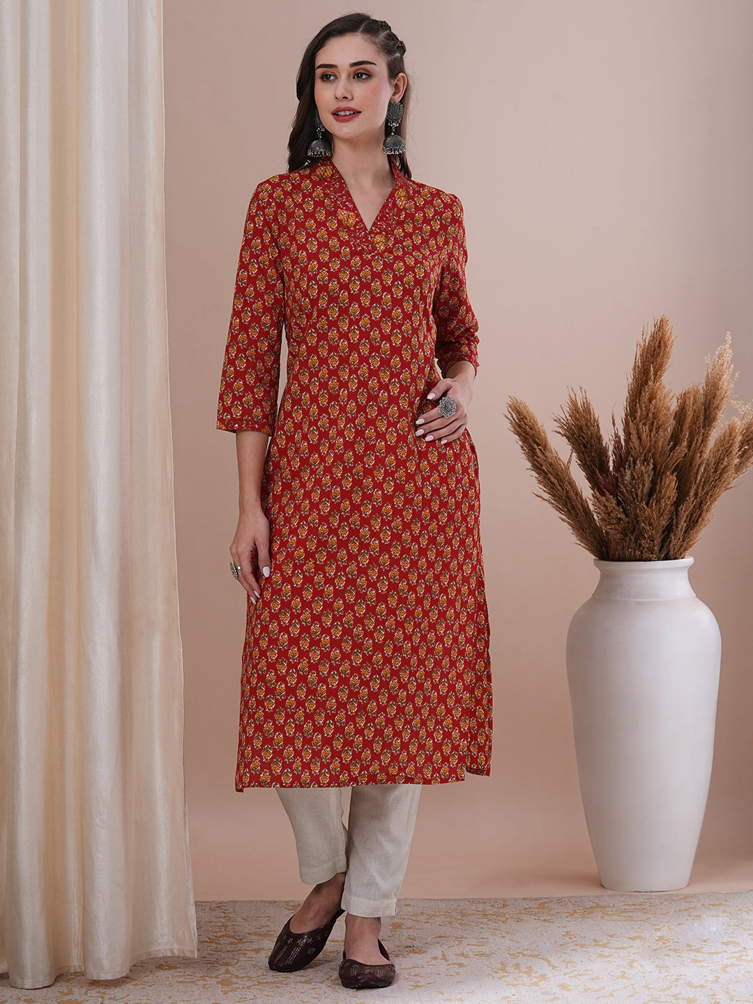 Ethnic Floral Printed & Sequin Embroidered Straight Fit Kurta - Red