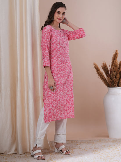 Ethnic Floral Printed Straight Fit Kurta - Pink