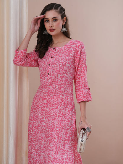 Ethnic Floral Printed Straight Fit Kurta - Pink