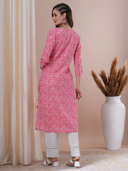 Ethnic Floral Printed Straight Fit Kurta - Pink