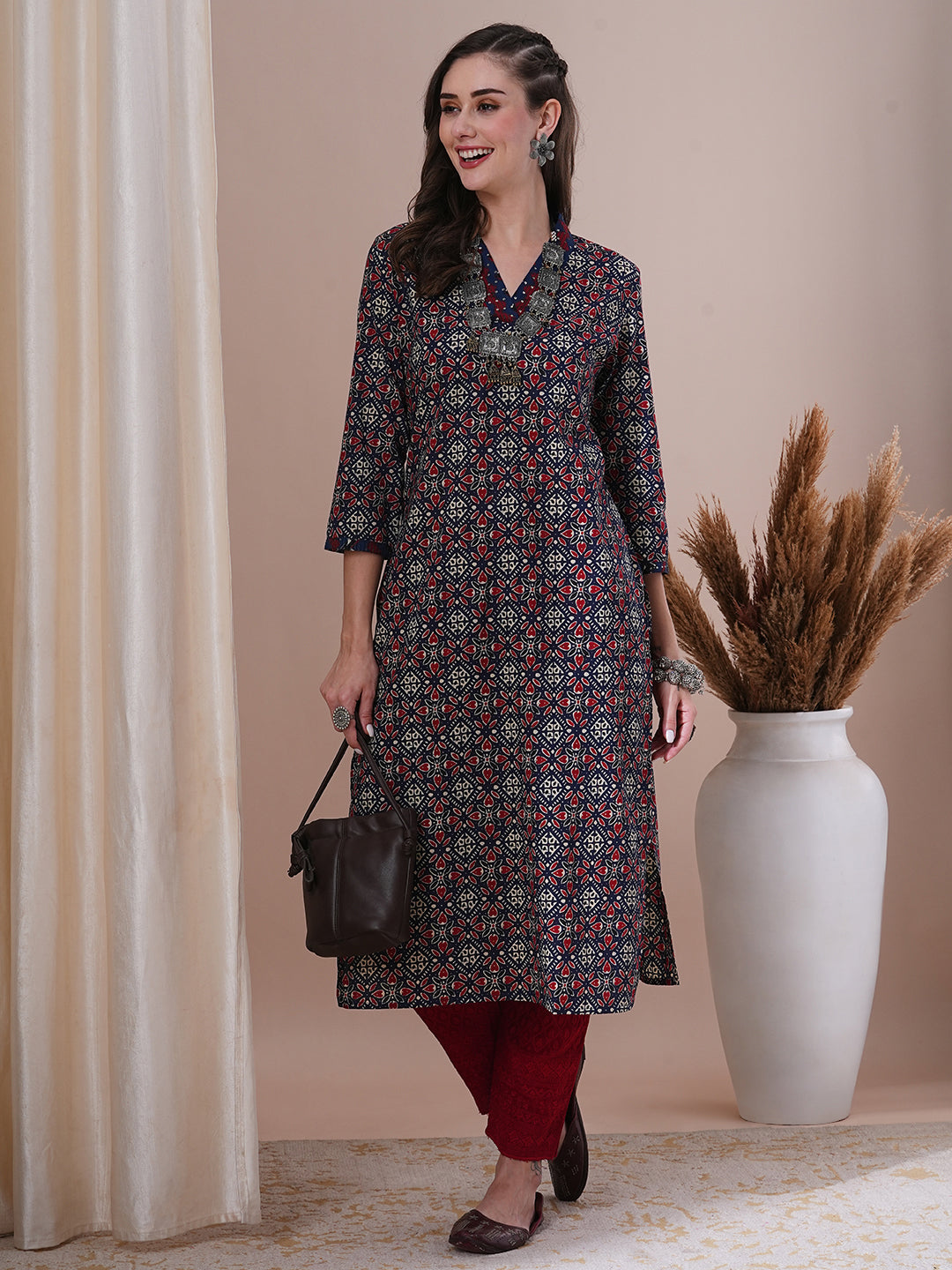 Ethnic Printed & Sequin Embroidered Straight Fit Kurta - Blue