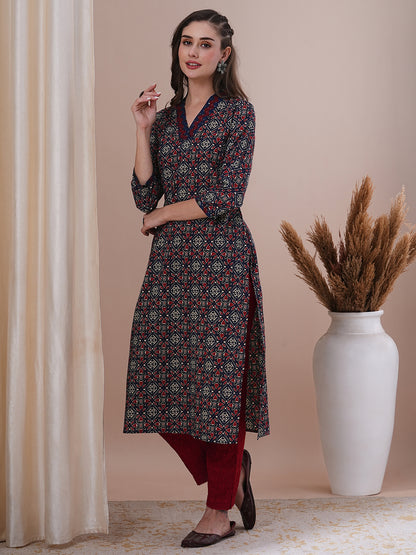 Ethnic Printed & Sequin Embroidered Straight Fit Kurta - Blue