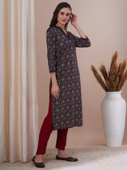 Ethnic Printed & Sequin Embroidered Straight Fit Kurta - Blue