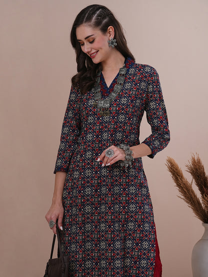 Ethnic Printed & Sequin Embroidered Straight Fit Kurta - Blue