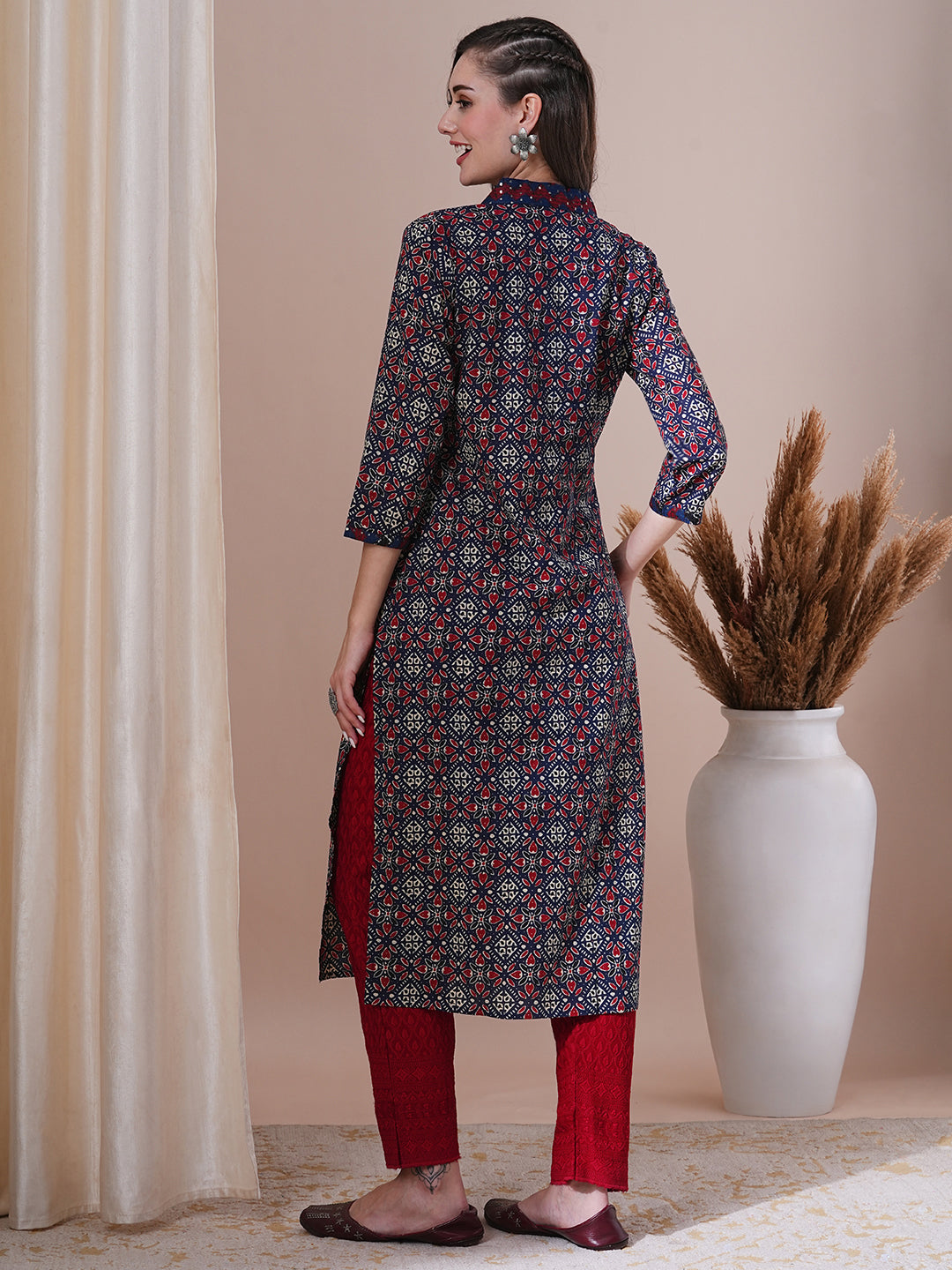 Ethnic Printed & Sequin Embroidered Straight Fit Kurta - Blue