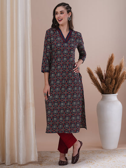 Ethnic Printed & Sequin Embroidered Straight Fit Kurta - Blue