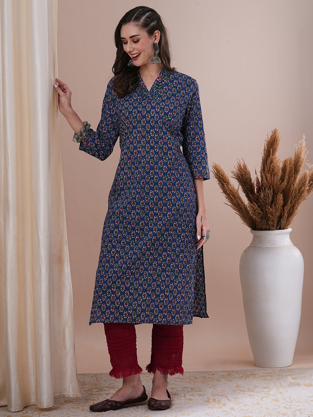 Ethnic Floral Printed & Sequin Embroidered Straight Fit Kurta - Blue