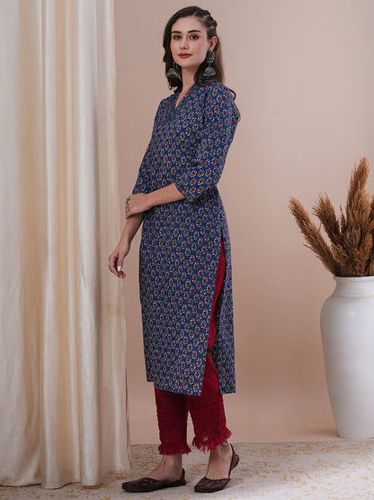 Ethnic Floral Printed & Sequin Embroidered Straight Fit Kurta - Blue