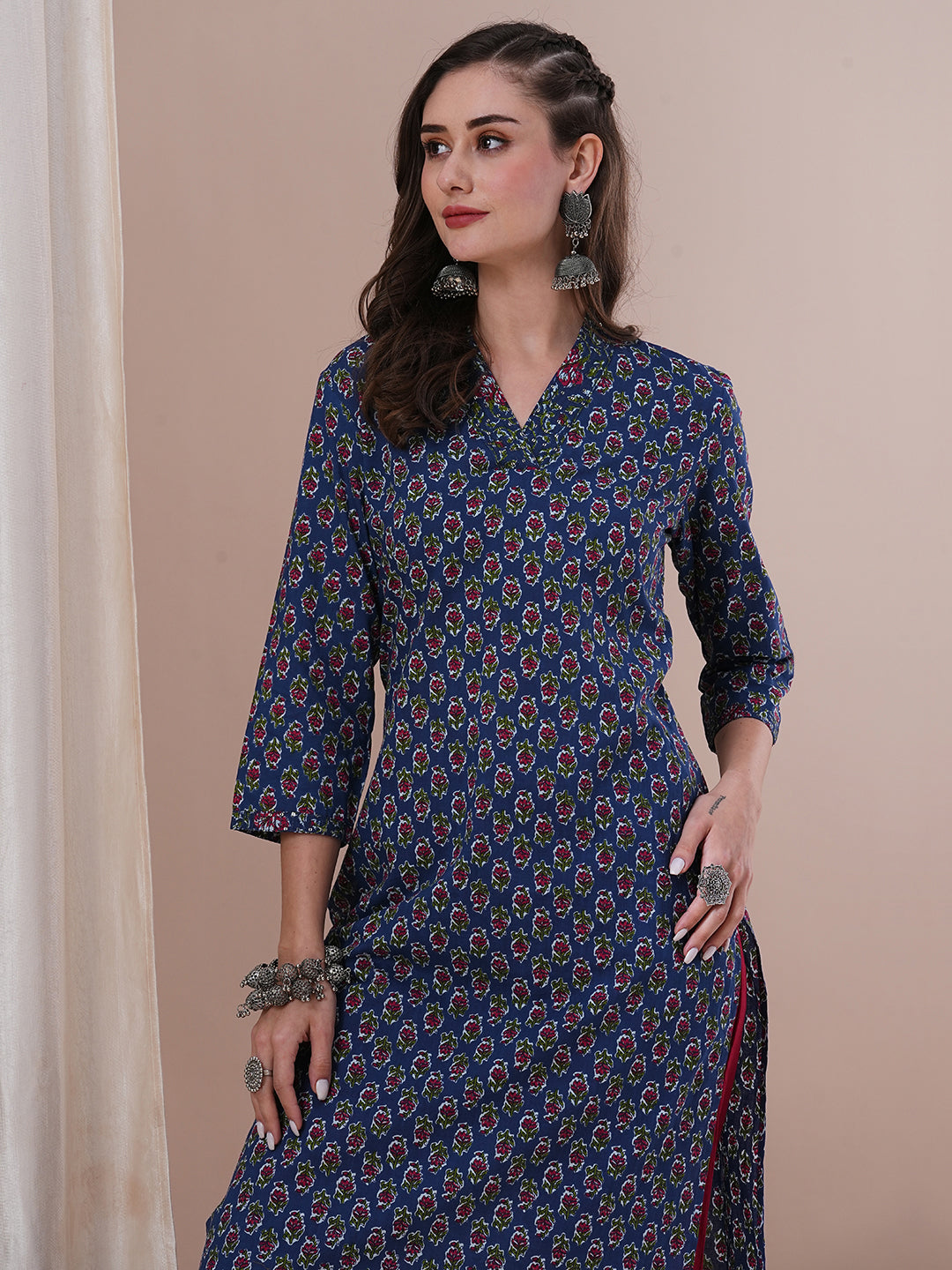 Ethnic Floral Printed & Sequin Embroidered Straight Fit Kurta - Blue