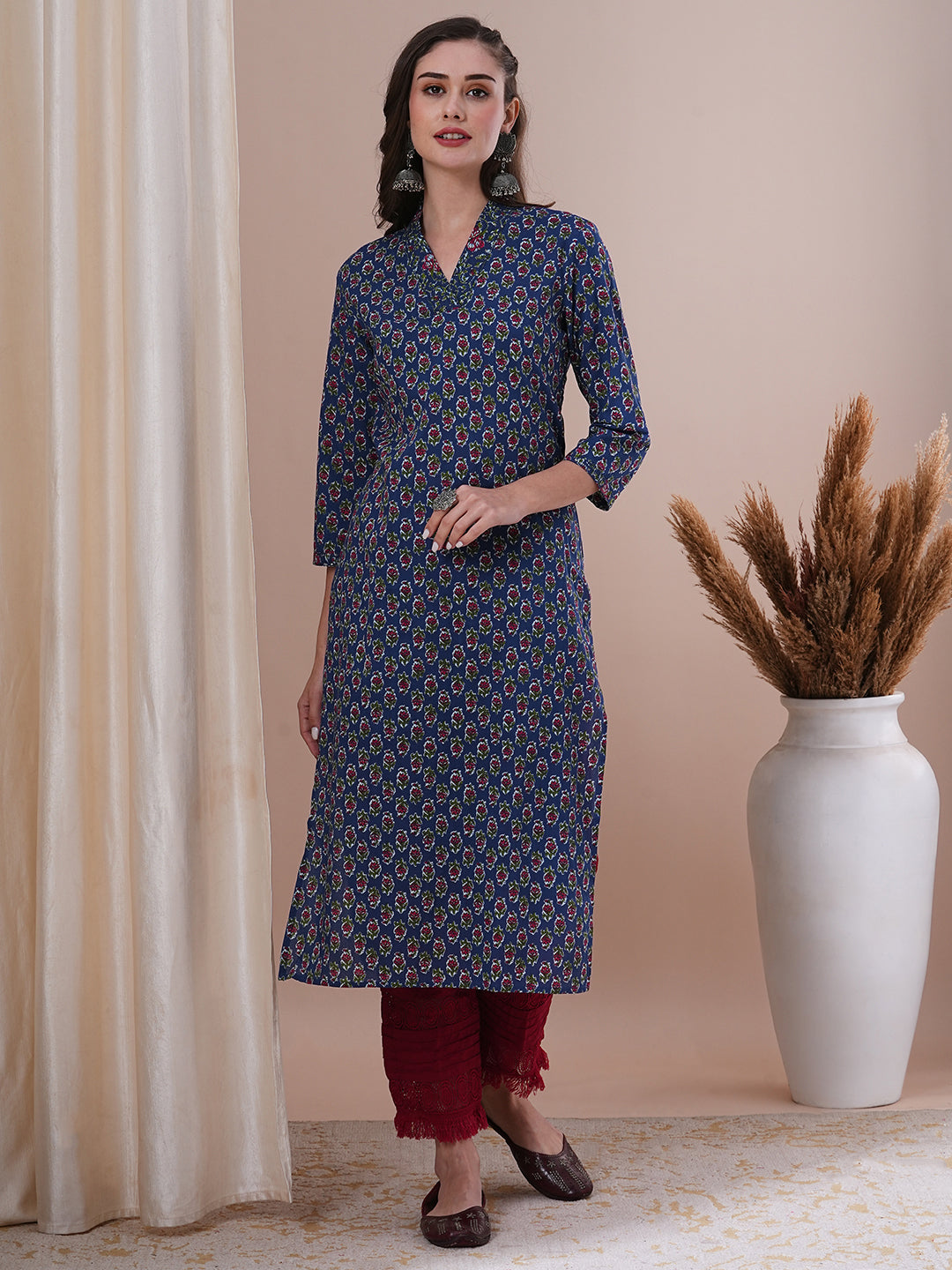 Ethnic Floral Printed & Sequin Embroidered Straight Fit Kurta - Blue