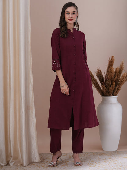 Solid Floral Embroidered A-Line Paneled Co-ord Set - Maroon