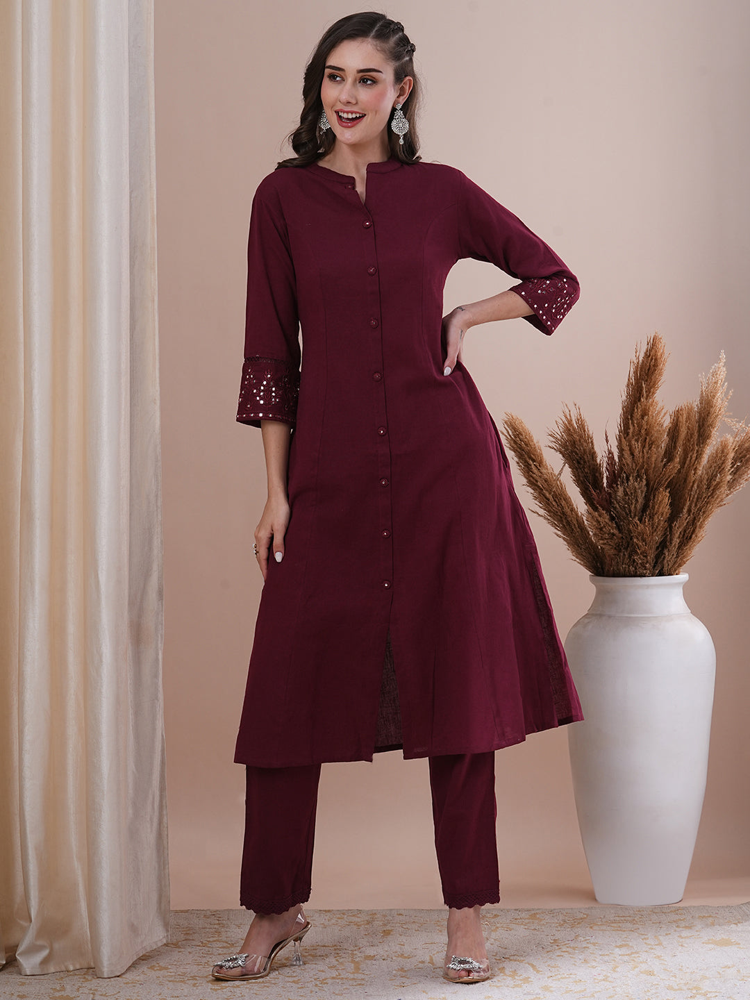 Solid Floral Embroidered A-Line Paneled Co-ord Set - Maroon