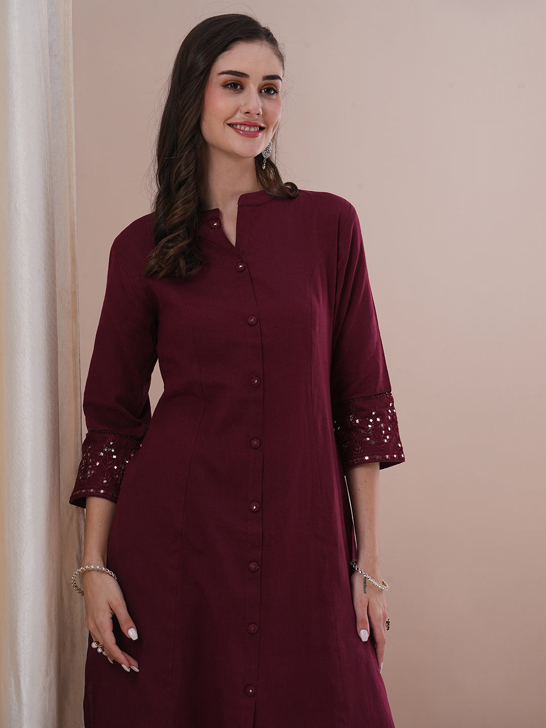 Solid Floral Embroidered A-Line Paneled Co-ord Set - Maroon