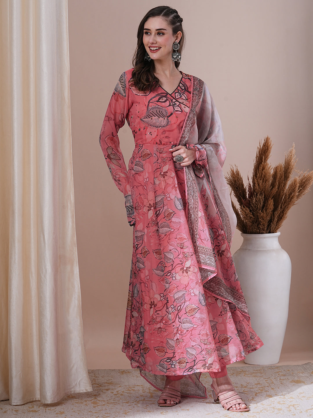 Floral Printed & Hand Embroidered Anarkali Kurta with Pant & Dupatta - Pink