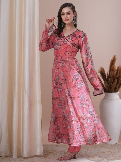 Floral Printed & Hand Embroidered Anarkali Kurta with Pant & Dupatta - Pink