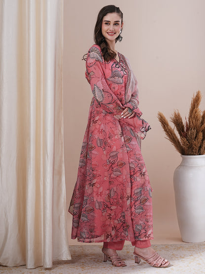 Floral Printed & Hand Embroidered Anarkali Kurta with Pant & Dupatta - Pink