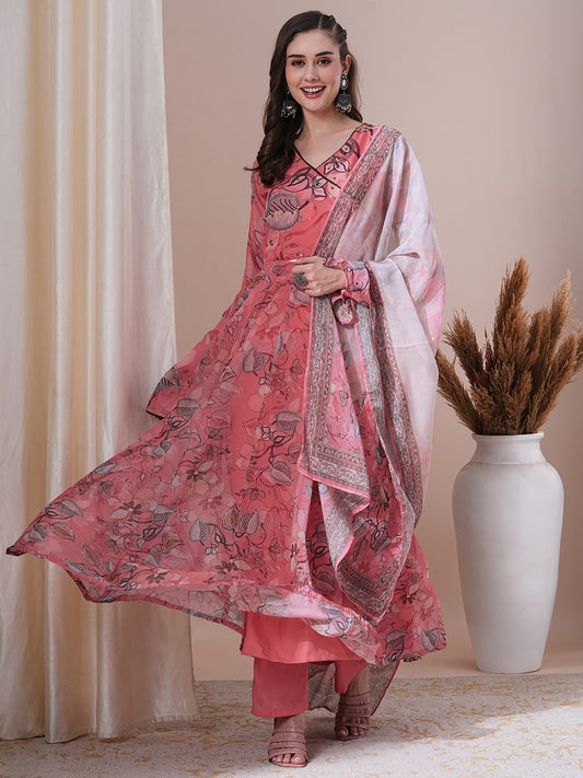 Floral Printed & Hand Embroidered Anarkali Kurta with Pant & Dupatta - Pink