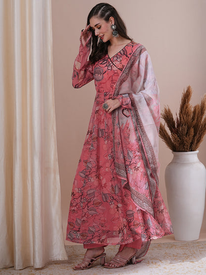 Floral Printed & Hand Embroidered Anarkali Kurta with Pant & Dupatta - Pink