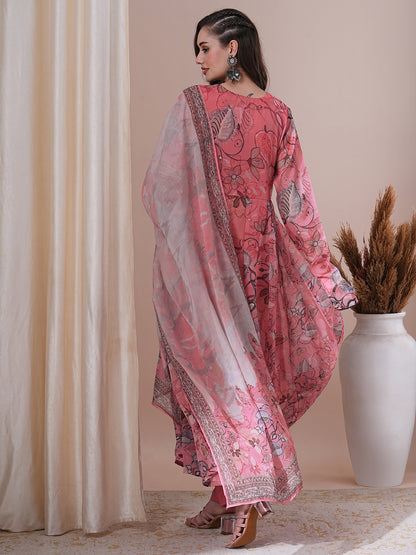 Floral Printed & Hand Embroidered Anarkali Kurta with Pant & Dupatta - Pink