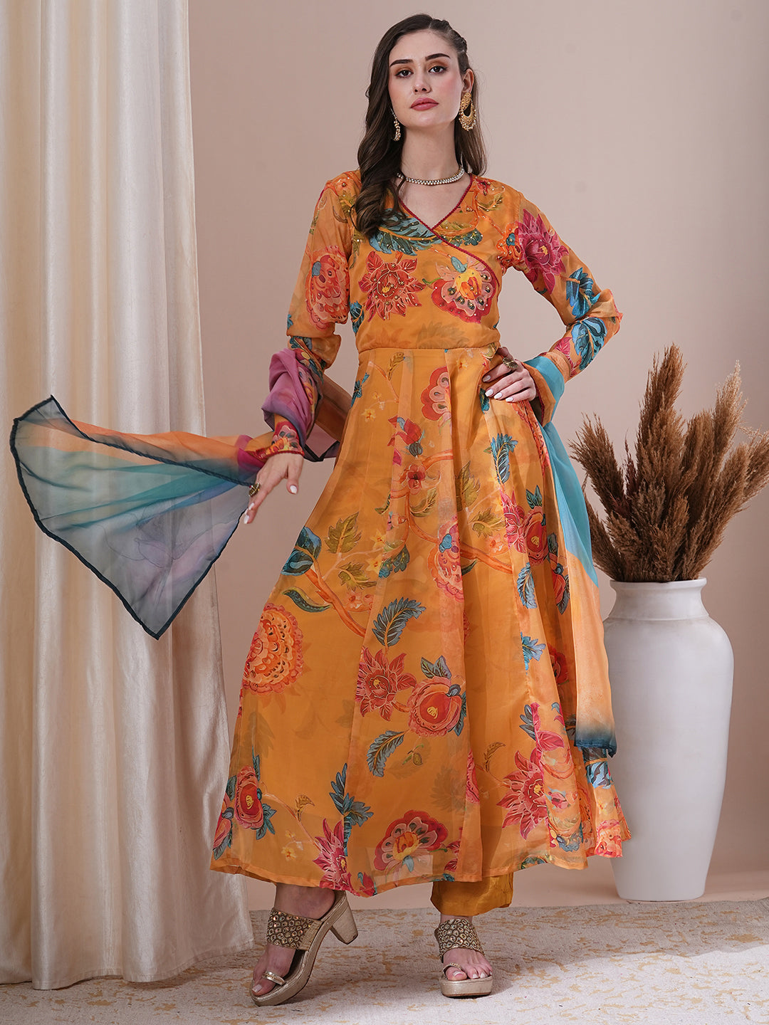 Floral Printed & Hand Embroidered Anarkali Kurta with Pant & Dupatta - Yellow