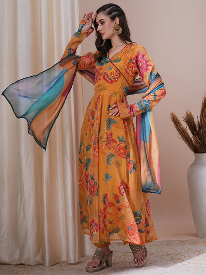 Floral Printed & Hand Embroidered Anarkali Kurta with Pant & Dupatta - Yellow