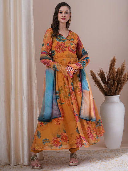 Floral Printed & Hand Embroidered Anarkali Kurta with Pant & Dupatta - Yellow