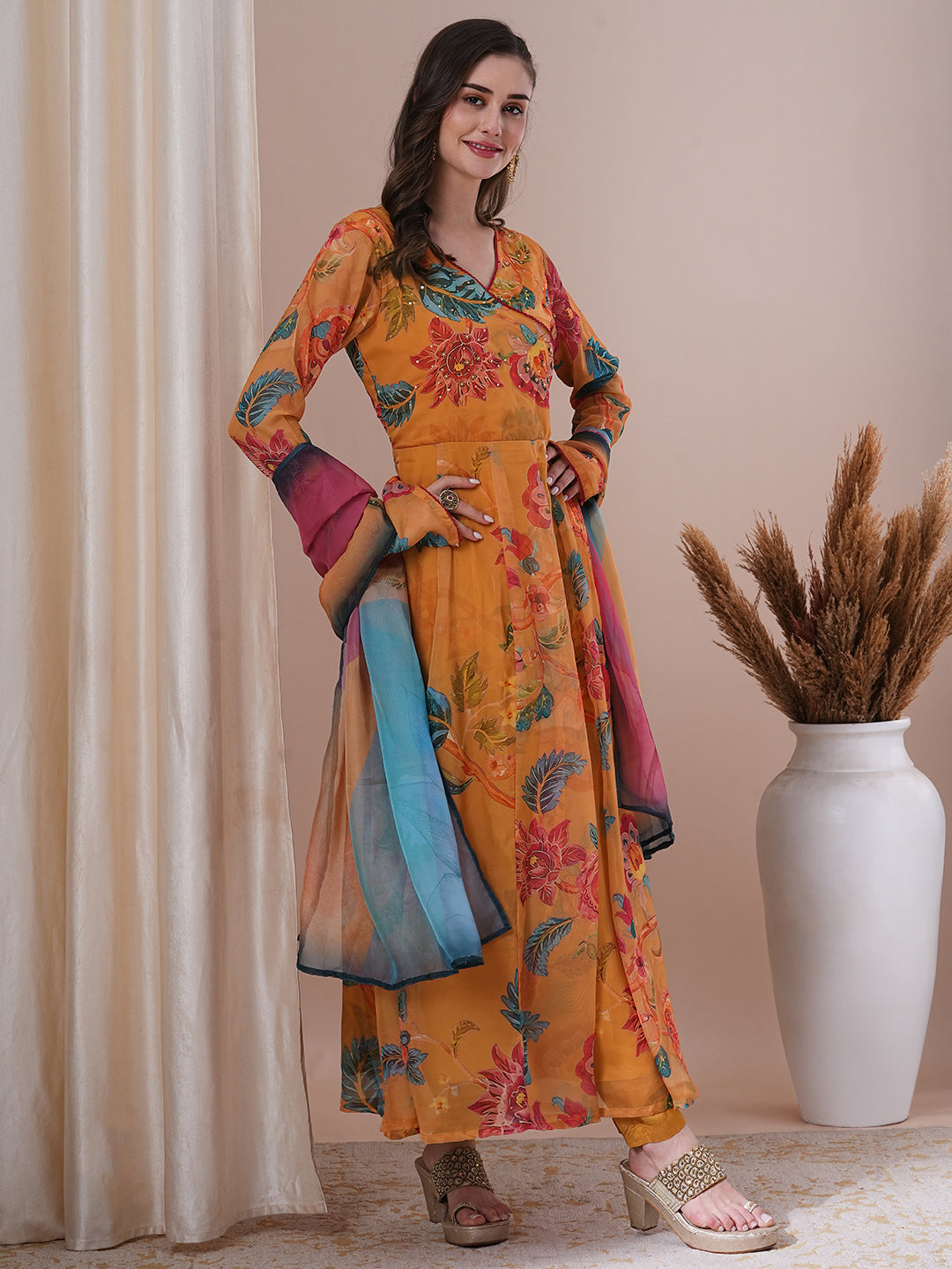 Floral Printed & Hand Embroidered Anarkali Kurta with Pant & Dupatta - Yellow