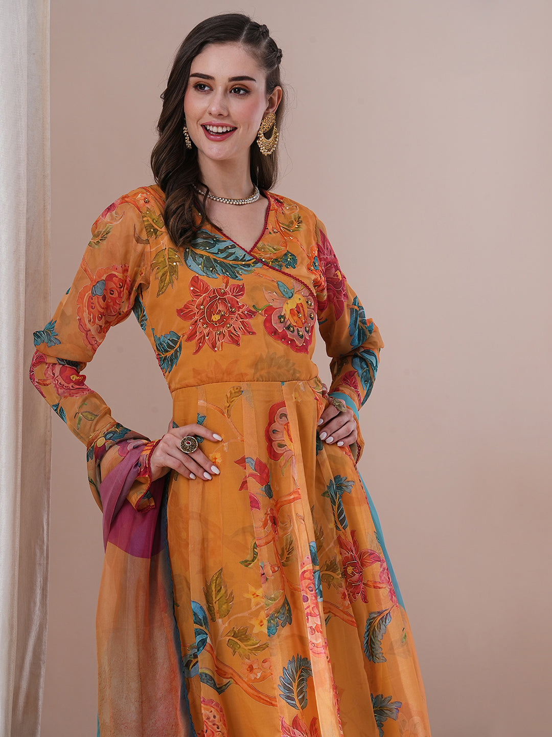 Floral Printed & Hand Embroidered Anarkali Kurta with Pant & Dupatta - Yellow