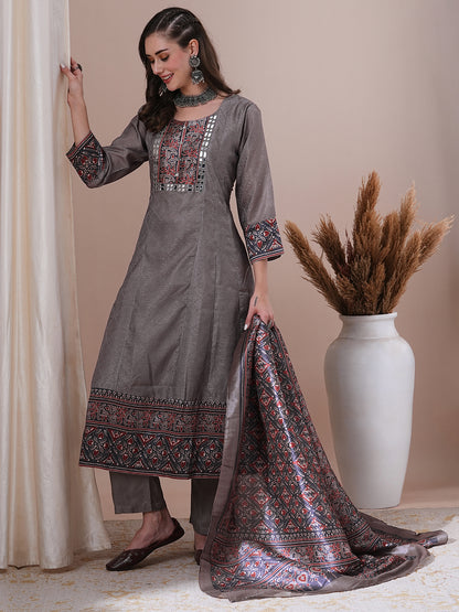 Ethnic Printed Anarkali Flared Kurta with Pant and Dupatta - Grey