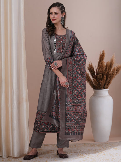 Ethnic Printed Anarkali Flared Kurta with Pant and Dupatta - Grey