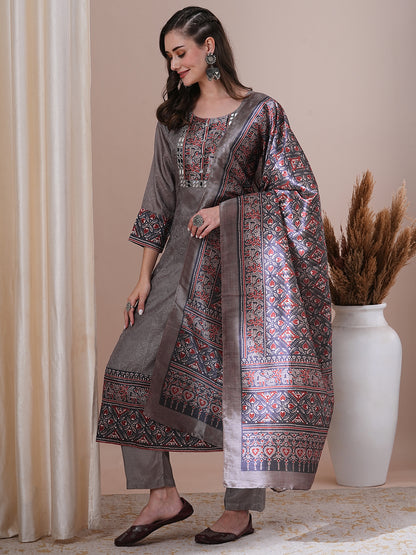 Ethnic Printed Anarkali Flared Kurta with Pant and Dupatta - Grey