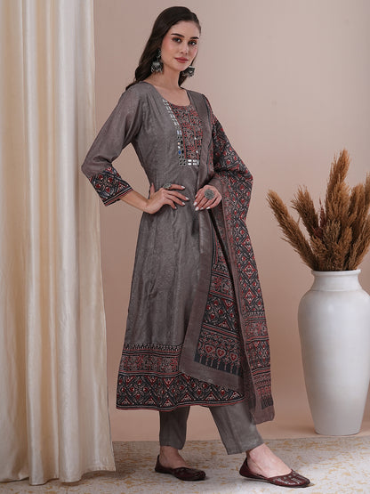 Ethnic Printed Anarkali Flared Kurta with Pant and Dupatta - Grey