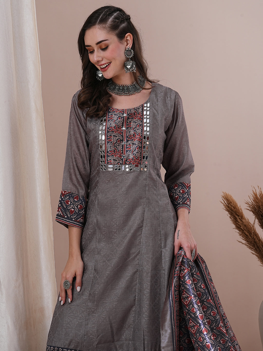 Ethnic Printed Anarkali Flared Kurta with Pant and Dupatta - Grey