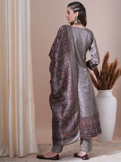 Ethnic Printed Anarkali Flared Kurta with Pant and Dupatta - Grey