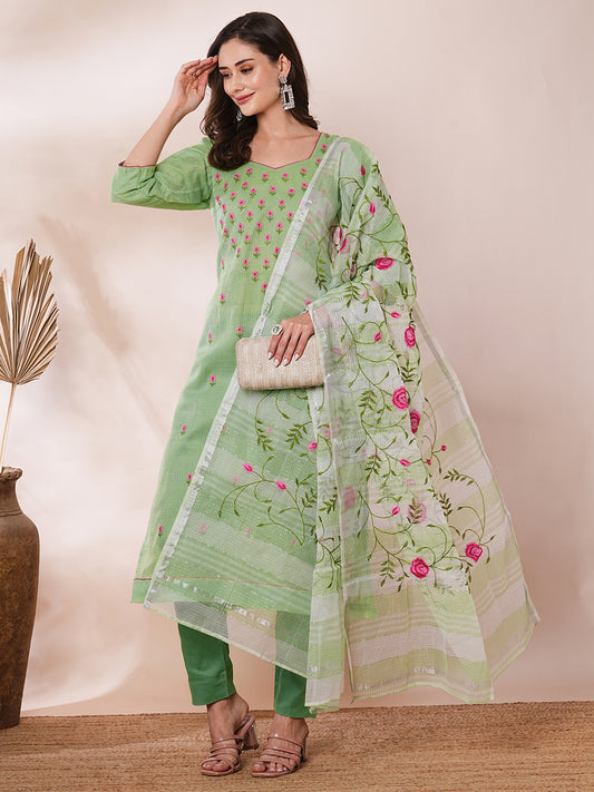 Solid Floral Embroidered Straight Fit Kota Doriya Kurta with Dupatta & Pant - Green