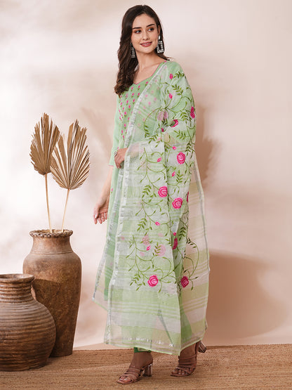 Solid Floral Embroidered Straight Fit Kota Doriya Kurta with Dupatta & Pant - Green