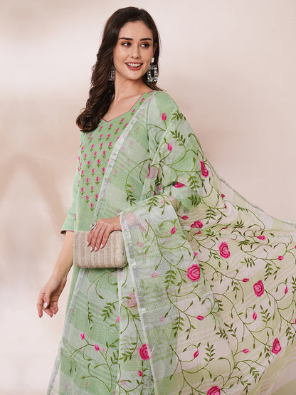 Solid Floral Embroidered Straight Fit Kota Doriya Kurta with Dupatta & Pant - Green