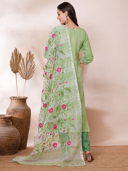 Solid Floral Embroidered Straight Fit Kota Doriya Kurta with Dupatta & Pant - Green