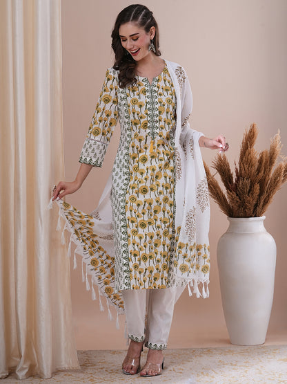 Ethnic Floral Block Printed Straight Kurta with Pant and Printed Dupatta - White