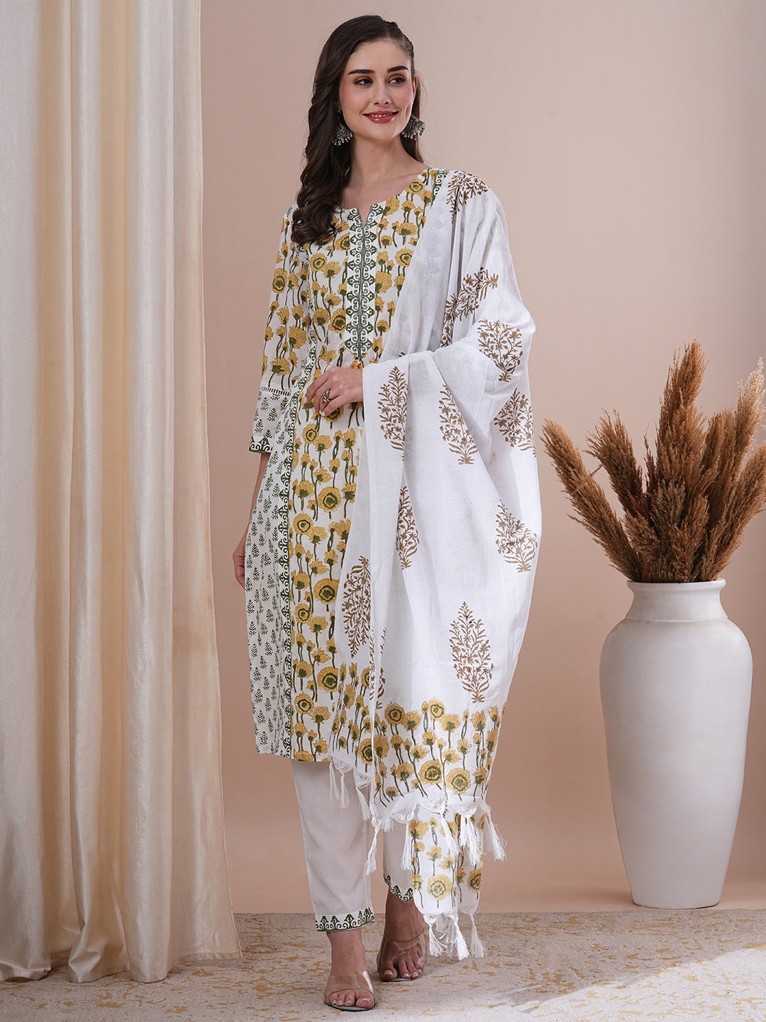 Ethnic Floral Block Printed Straight Kurta with Pant and Printed Dupatta - White