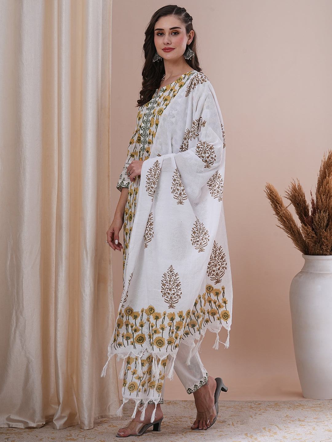 Ethnic Floral Block Printed Straight Kurta with Pant and Printed Dupatta - White