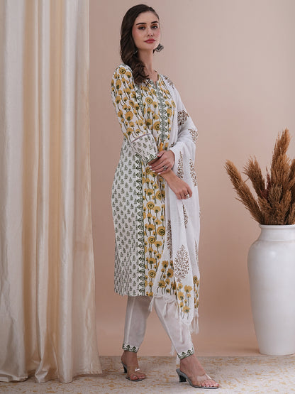 Ethnic Floral Block Printed Straight Kurta with Pant and Printed Dupatta - White