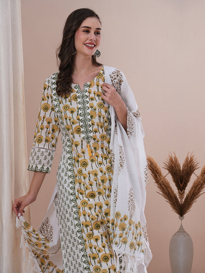 Ethnic Floral Block Printed Straight Kurta with Pant and Printed Dupatta - White